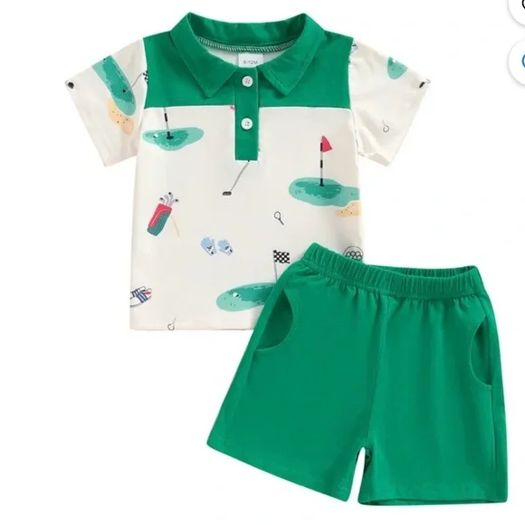 Kids Green Golf Print Shirt and Shorts Set - EUC - Picture 1 of 5